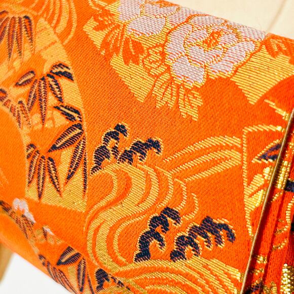 Vintage Asian Orange Gold Brocade Satin Slim Clutch Bag - Picture 3 of 7